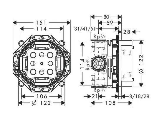 HANSGROHE Facade pour mitigeur thermostatique encastré ShowerSelect S avec 2 fonctions noir mat avec Corps encastré