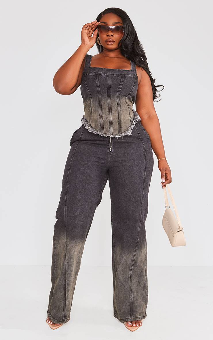Noir Délavé Jean En Denim Grande Taille À Fermeture Éclair Frontale