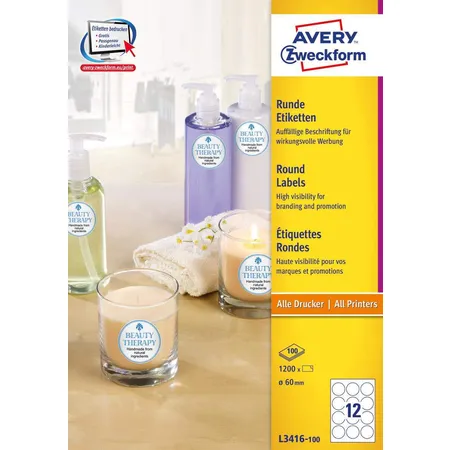 Avery Zweckform L3416-100 Runde Etiketten,A4 Ø 60 mm, 100 Bogen/1.200 Etiketten, weiß