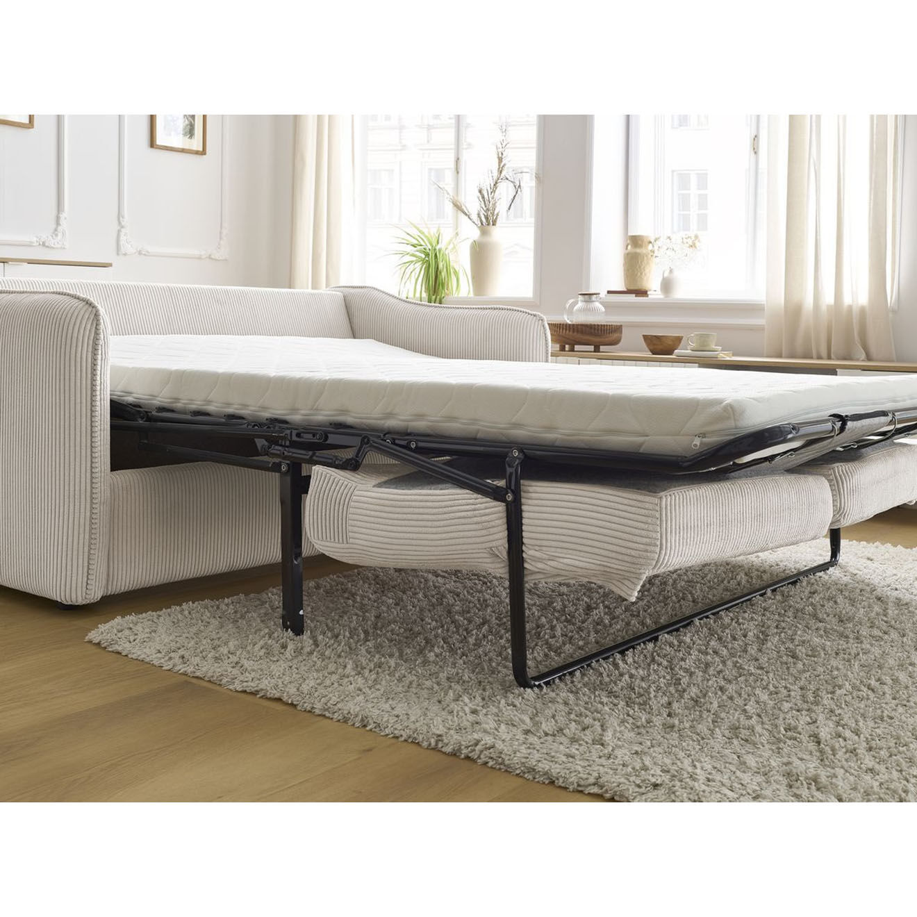 Bobochic Canapé droit convertible express en Velours côtelé 3 places Lenny beige - 178x102x89 cm