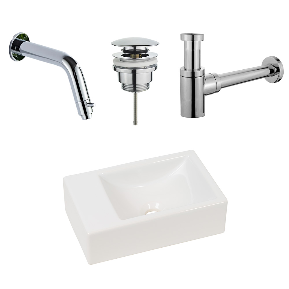 Plieger Houston fonteinset met witte fontein links en chromen inbouwkraan