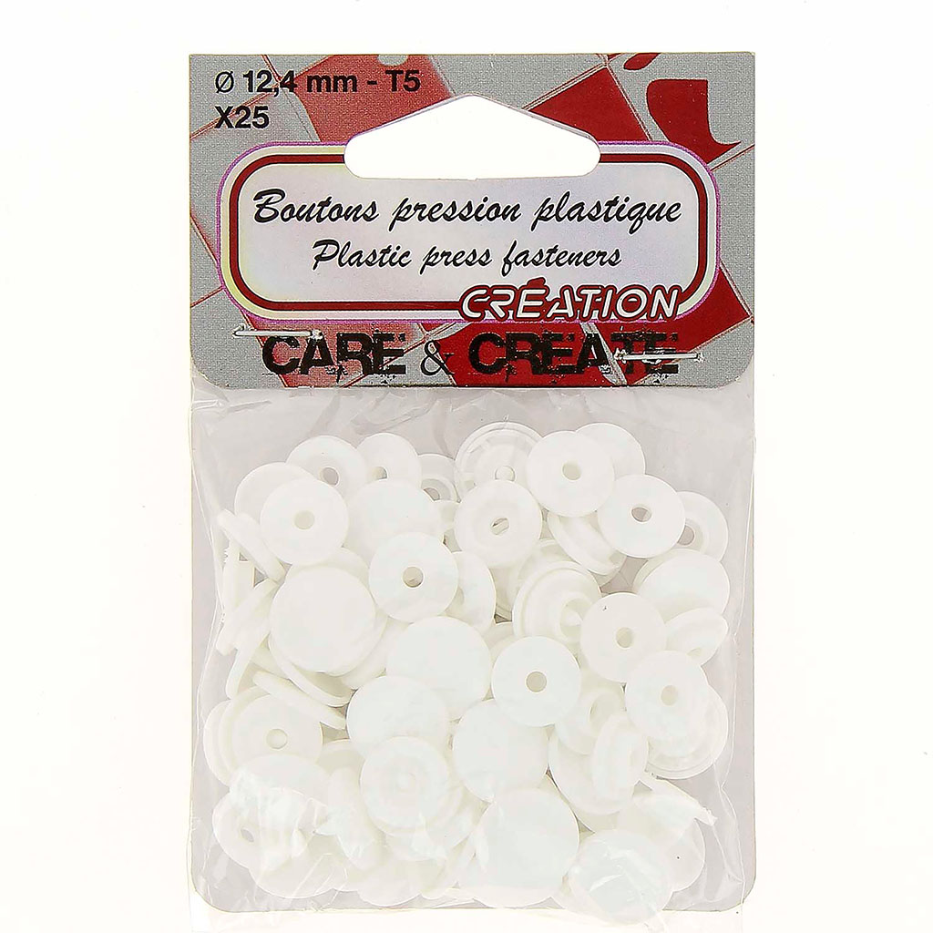 Lot de 25 boutons pression plastique blanc 12.4mm
