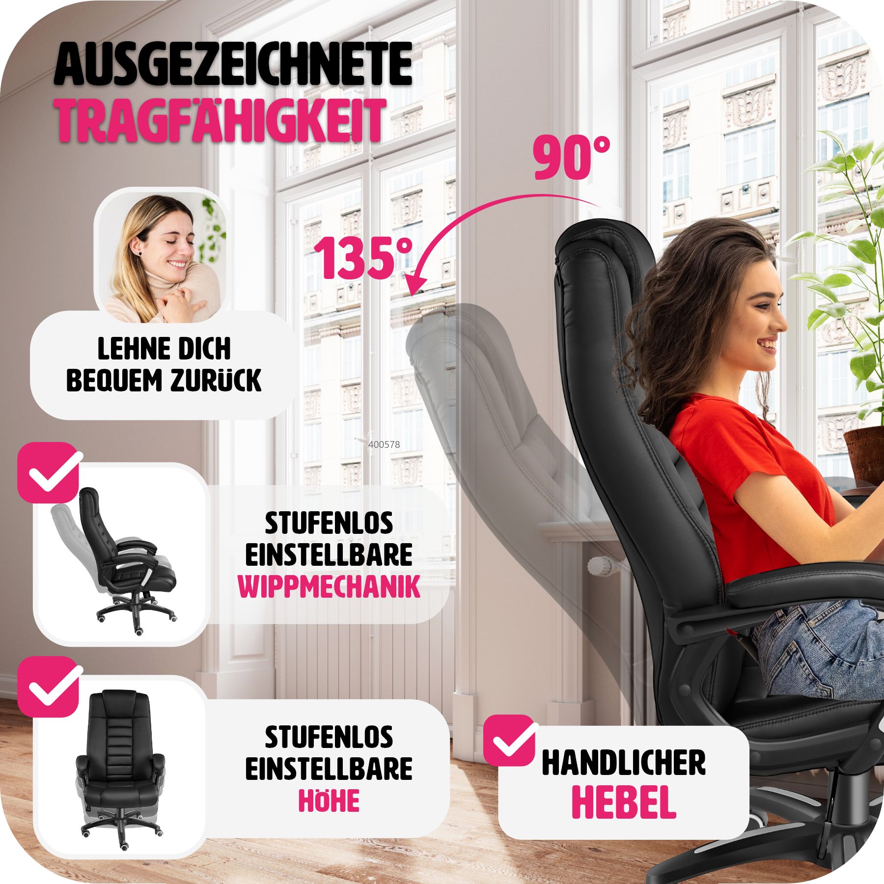 tectake® Bürostuhl, 360° drehbar und stufenlos höhenverstellbar, dicke Polsterung mit Kunstlederbezug, einstellbare Wippfunktion