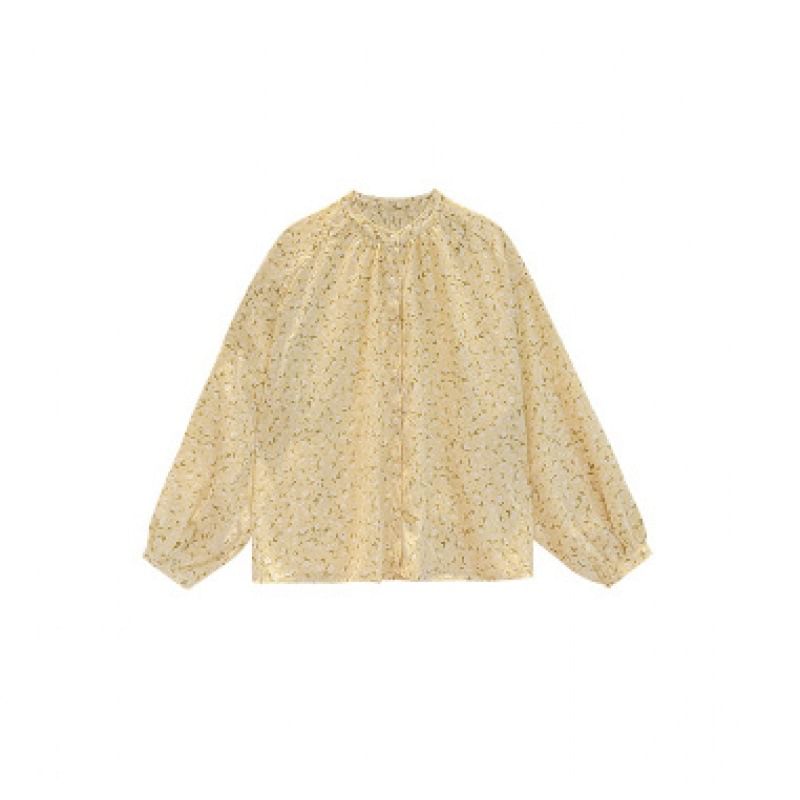 Inchioh - Blouse met lange mouwen, ronde hals, bloemenprint en chiffon knoopjes