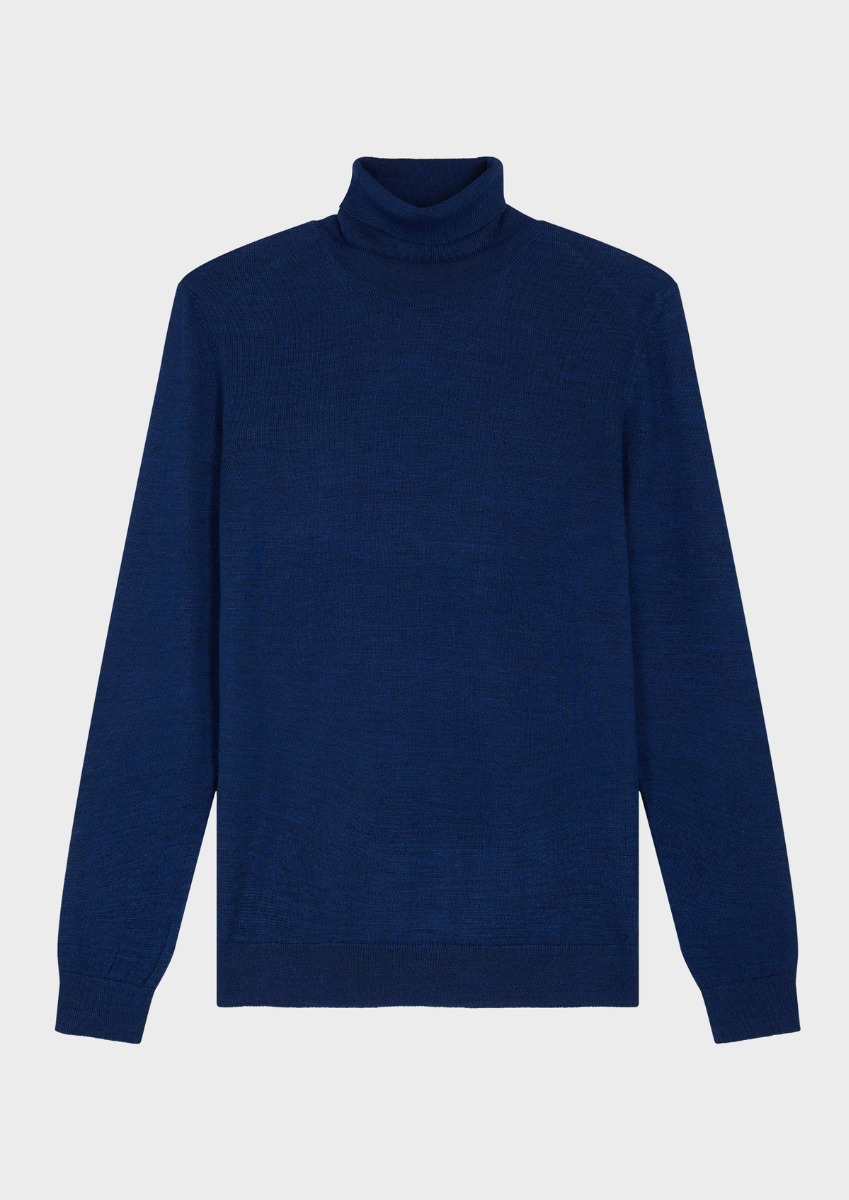 Pull col roulé en laine Mérinos mélangée unie bleu indigo