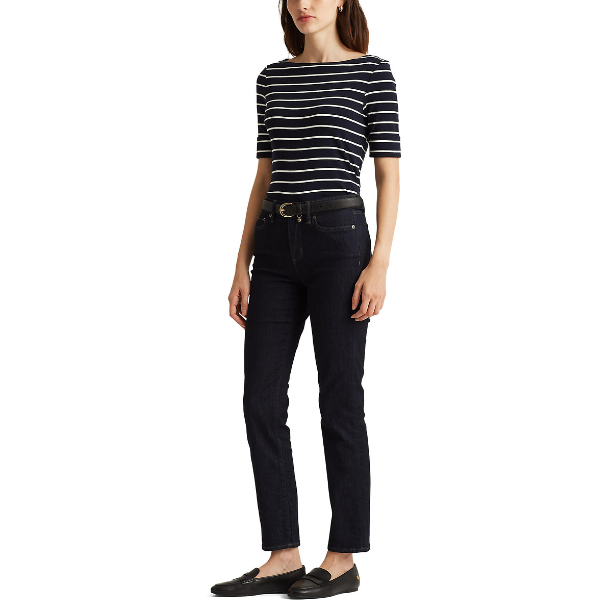 LAUREN RALPH LAUREN<br>Camiseta listrada com decote canoa e mangas curtas