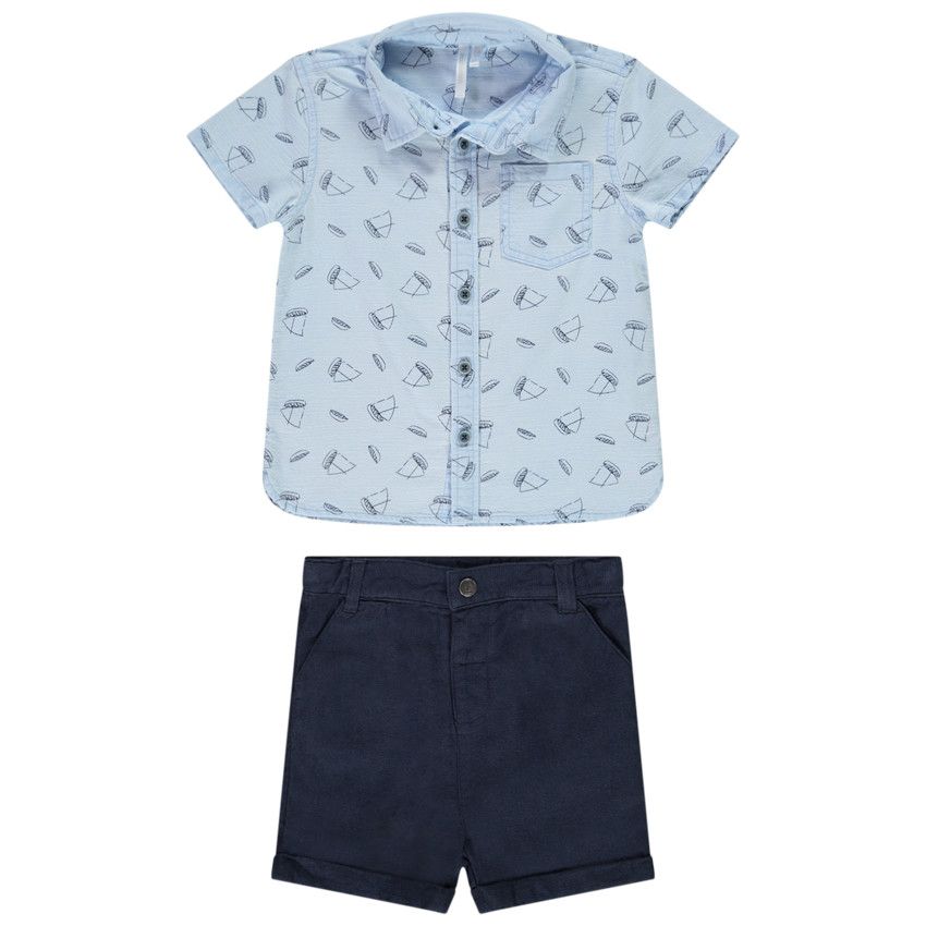 Ensemble chemise imprimé bateaux et bermuda en toile pour bébé garçon - Bleu marine