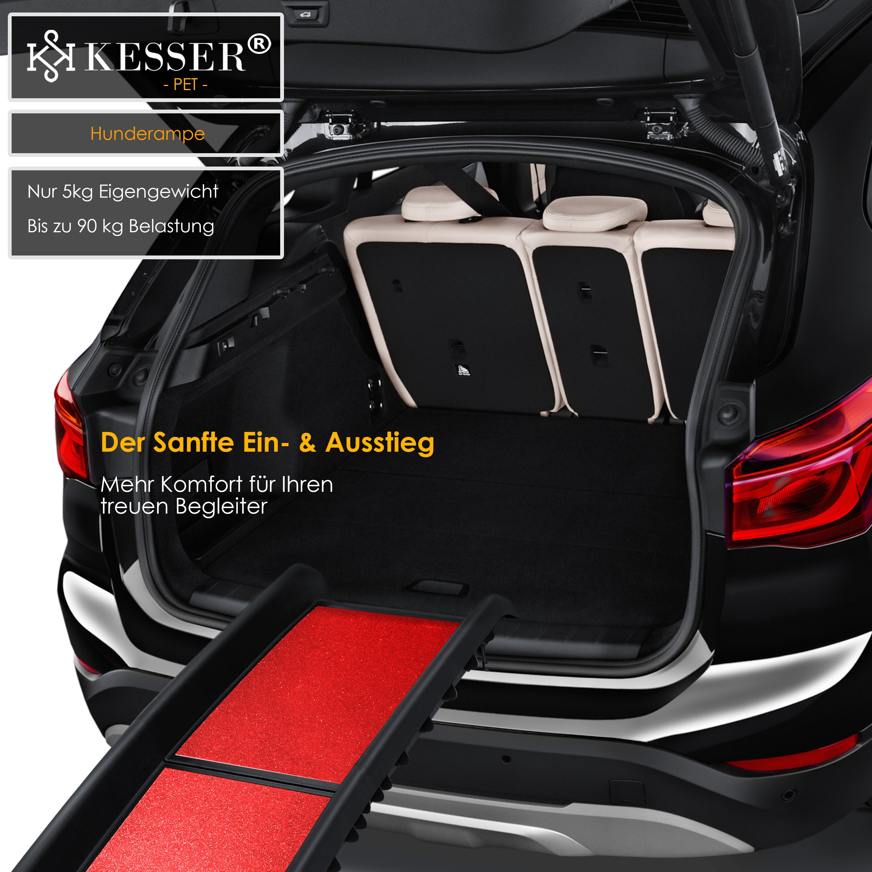 KESSER® Hunderampe Hundetreppe Hundeautorampe Auto klappbar Kofferraumrampe für Haustiere Einstiegshilfe für Kofferraum, bis 90 kg, 156x40cm, leicht Stabil, rutschfest Hunde-Treppe , Schwarz
