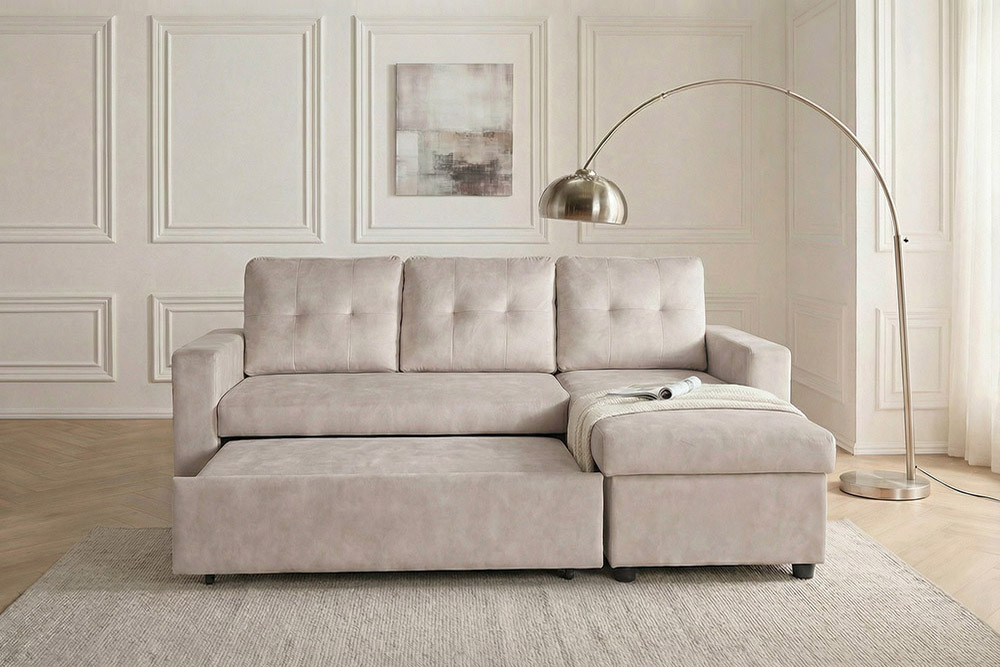 Modernes Ecksofa APARTMENT 205cm champagner beige Samt 3-Sitzer Bettfunktion Stauraum