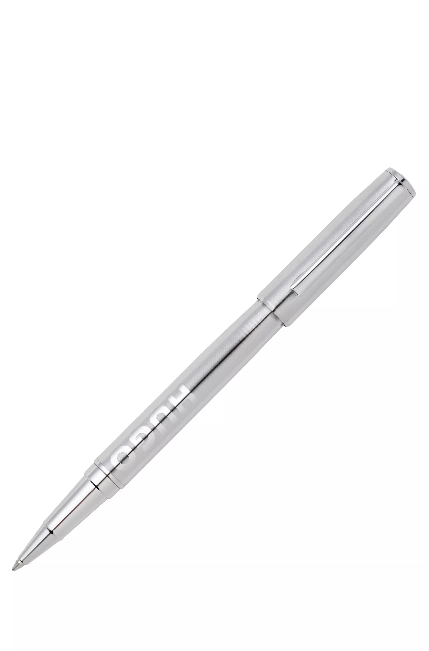 Caneta rollerball BOSS preta em latão com revestimento cromado.