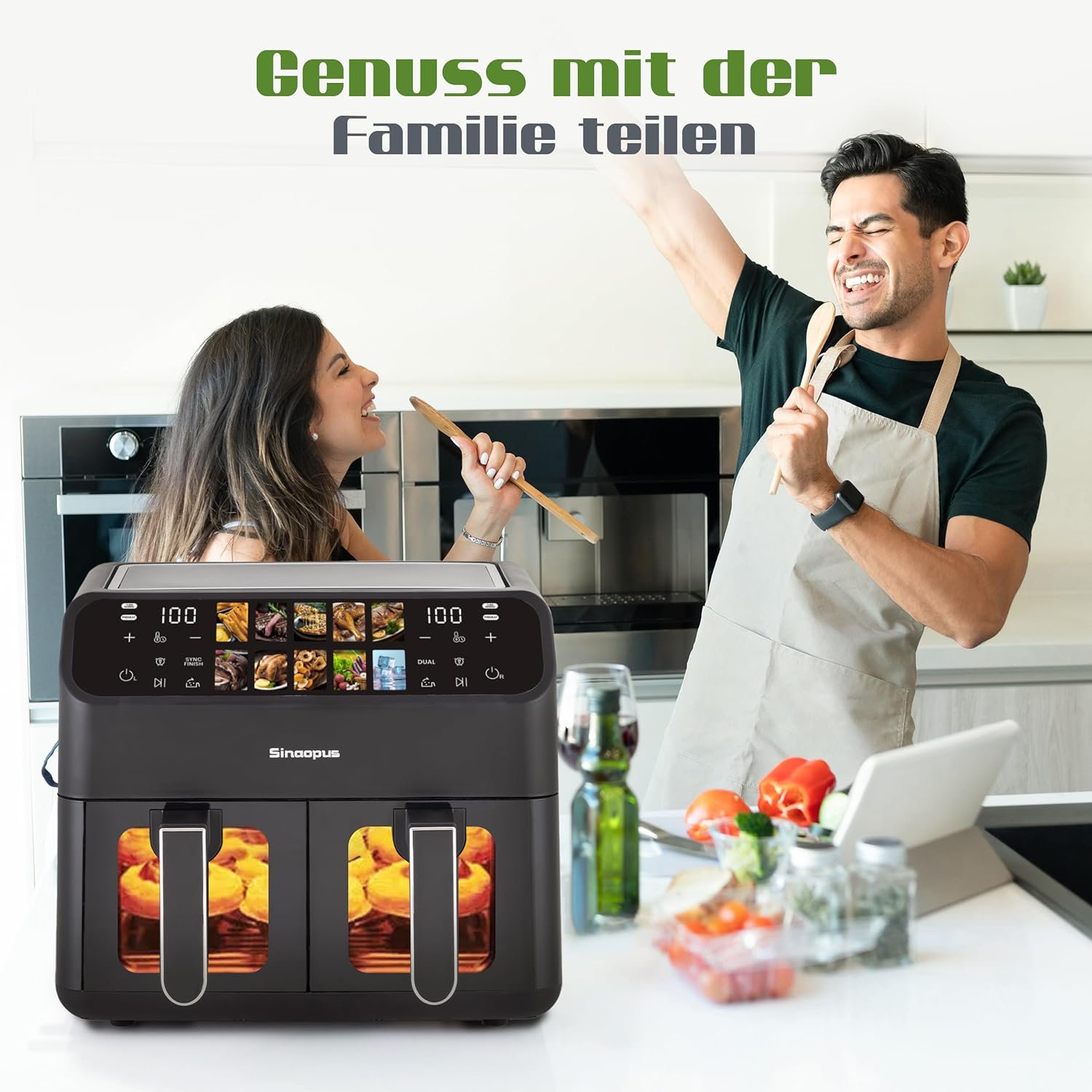Heißluftfritteuse Airfryer, Dual Zone Heißluftfritteuse 9L – Doppelkammer XXL 2000 W, LED-Touchscreen, 10 Programme, Friteuse Heissluft ohne Öl, Airfryer mit 2 Körben(9L-901A)