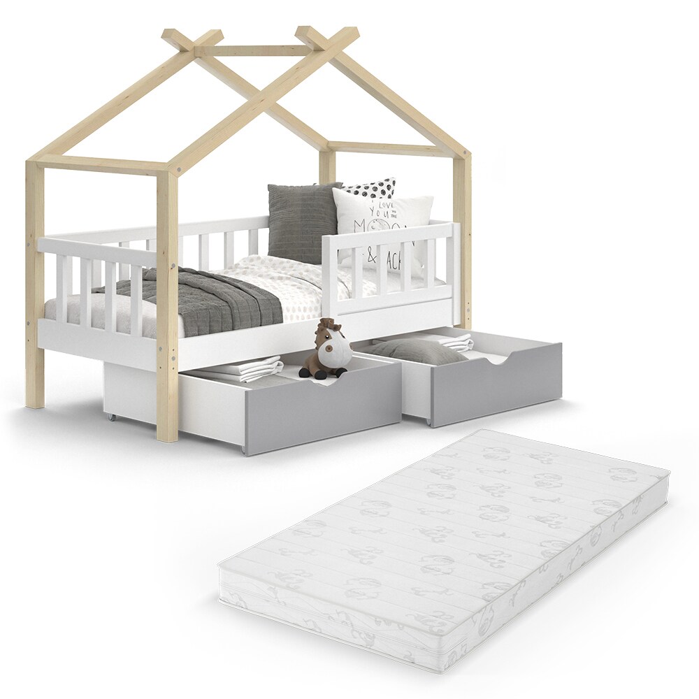 VitaliSpa Kinderbett Hausbett Einzelbett Design Weiß Grau Natur modern 70x140 cm Kinderzimmer Bett Massivholz Lattenrost Schublade Rausfallschutz Schubladenbett Matratze