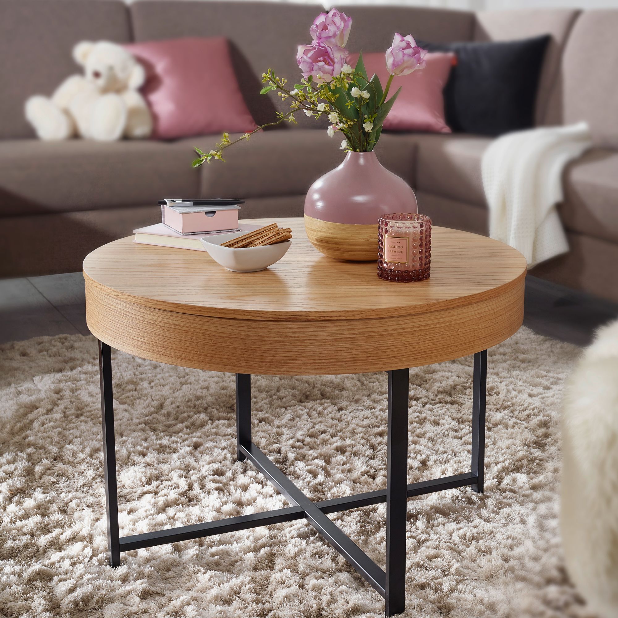 KADIMA DESIGN Couchtisch Holzoptik-Metallbeine, runder Tisch mit Stauraum, 69x49x69 cm, moderner Industrial-Look.
