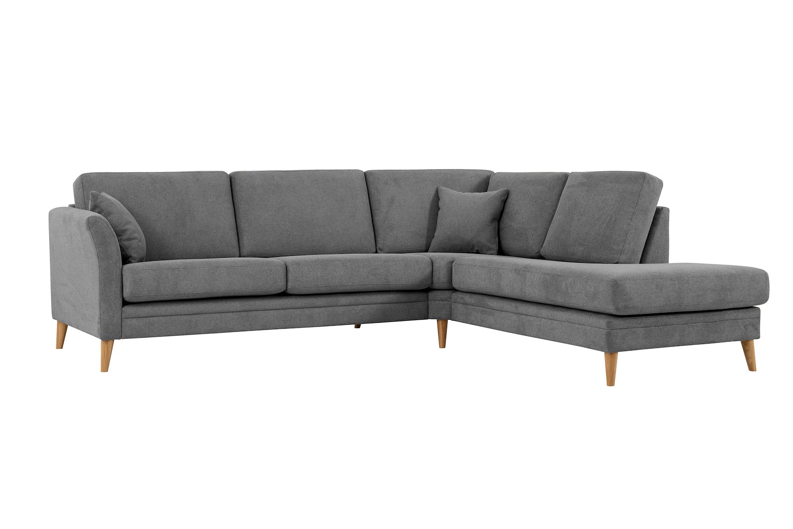 Eden hjørnesofa 2,5-seter med åpen ende høyre. Tekstil Brooklyn 3 Grey med ben i eik natur (15137).