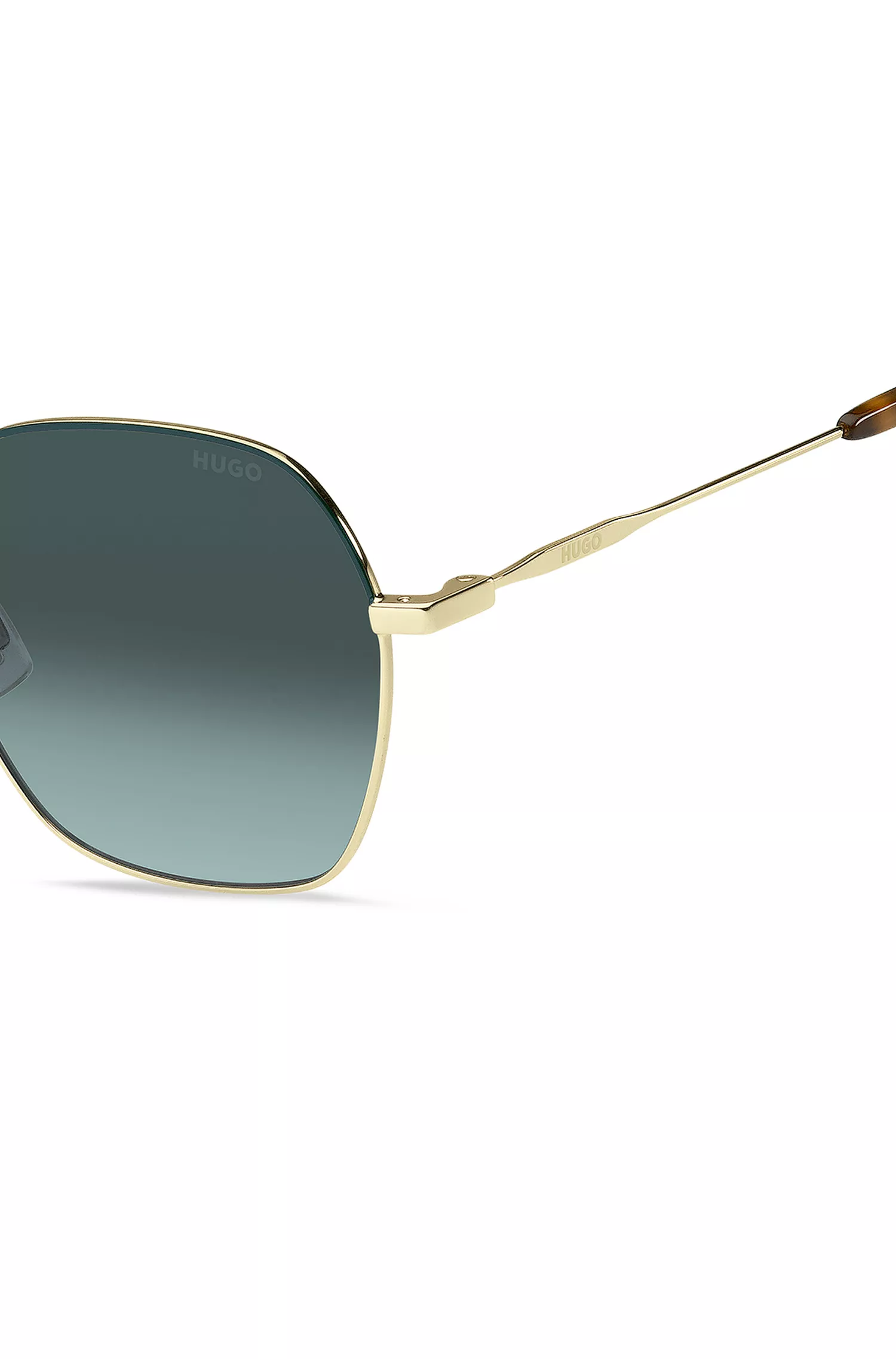 Óculos de sol HUGO em tons de vermelho e dourado com ponteiras em acetato Havana.