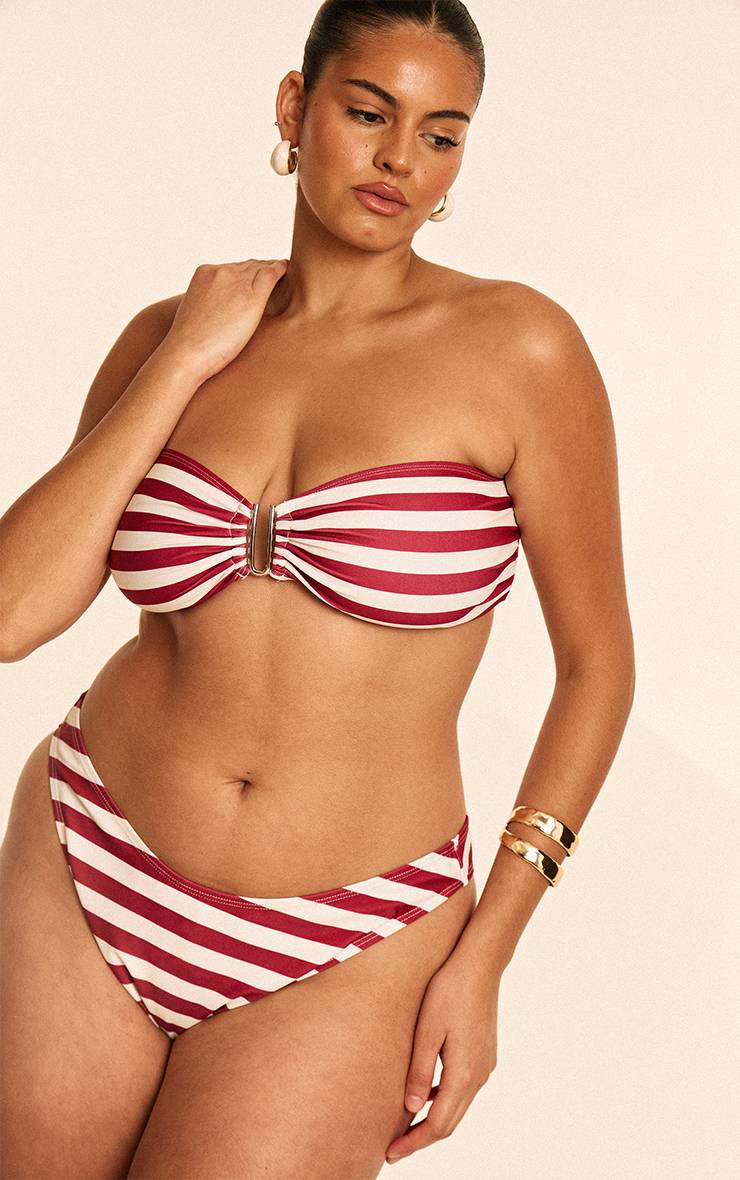 Rouge Bordeaux Bas De Bikini Tanga À Rayures Grande Taille