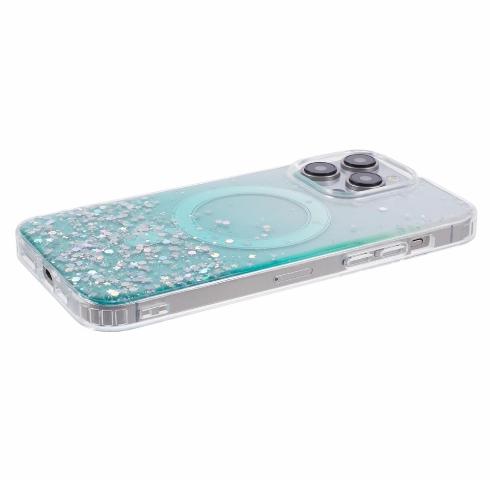 iPhone 14 Pro Max MagSafe Hülle mit Acryl Rückseite und Farbverlauf im Glitzer Design - Türkis