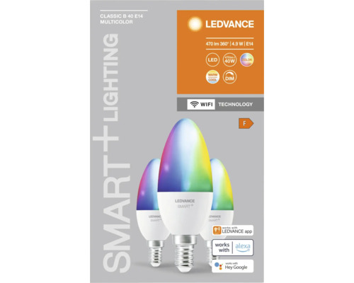 Ledvance Smart+ WIFI LED kaarslamp, dimbaar, E14/4,9W (40W equivalent), mat, 470 lm, 2700-6500 K, RGBW, 3-pack