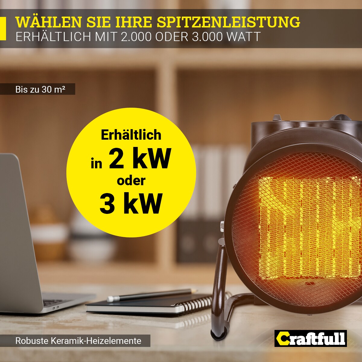 Craftfull Keramik-Heizlüfter HL1000, 2000/3000 Watt, Überhitzungsschutz, Thermostat, Tragegriff (3000 Watt)