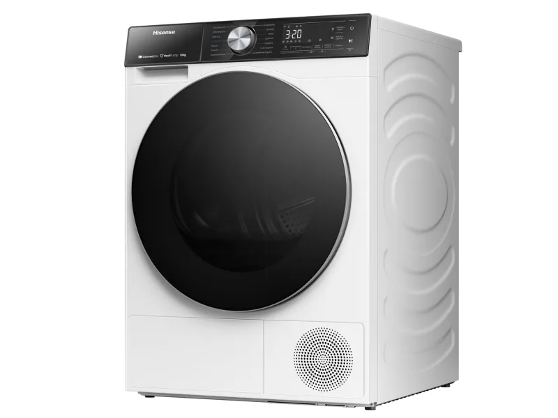 Hisense Tørretumbler - DH5S102BW BK070, Fritstående, Front-læsning, Varmepumpe, Hvid, Knapper, Dreje, Berøring, Venstre/højre