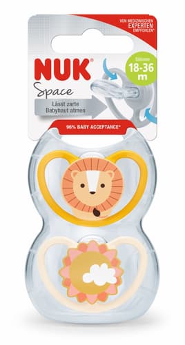 NUK Space Silikon-Schnuller, kiefergerechte Form, 18-36 Monate, 2 Stück, gelb & beige