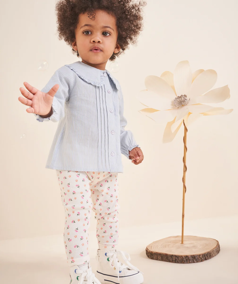 LEGGING BÉBÉ FILLE EN COTON BIO BLANC CÔTELÉ AVEC IMPRIMÉ FLEURI