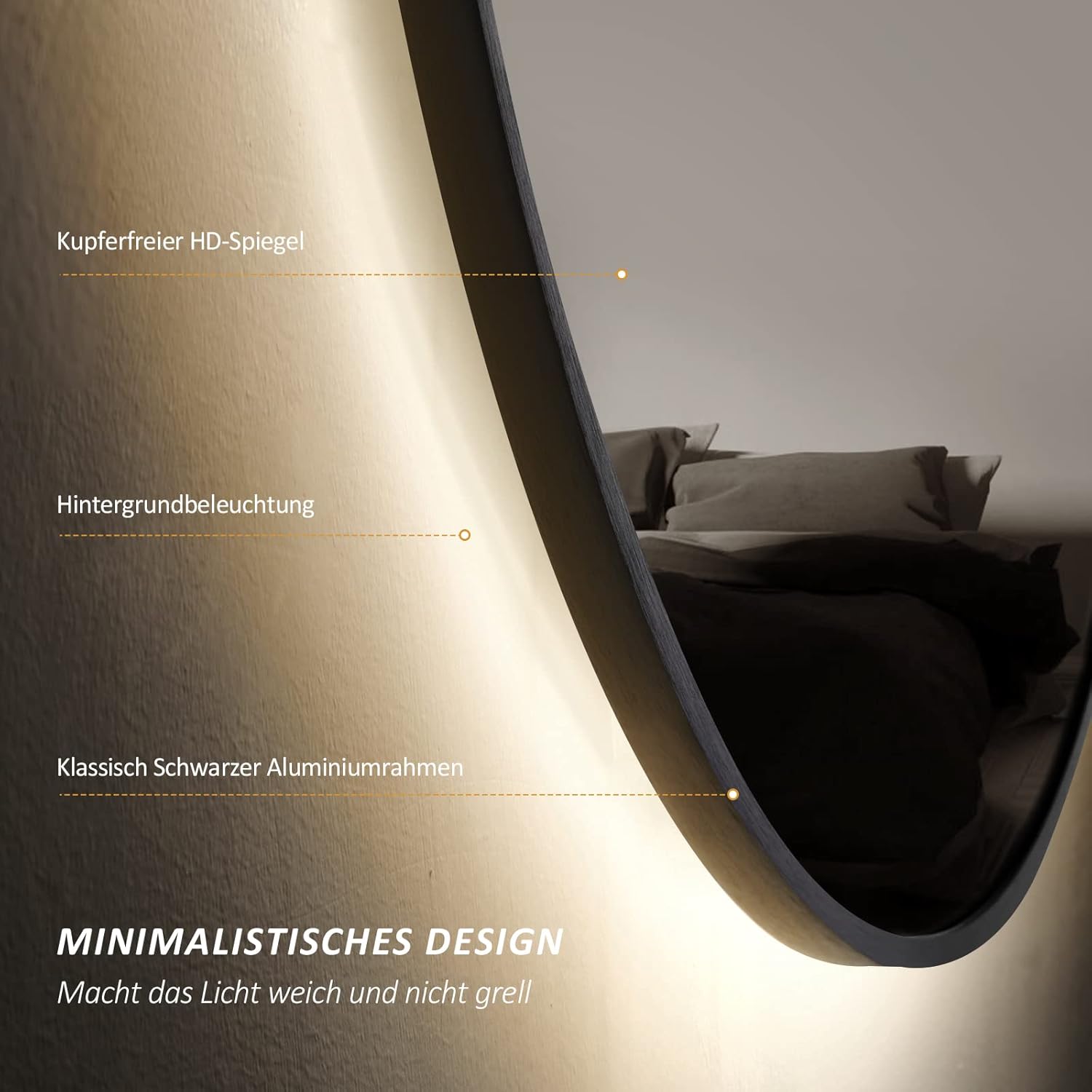 EMKE Badspiegel mit Beleuchtung rund 70 cm – Schwarzer Badezimmerspiegel mit Antibeschlag, Dimmbar, Uhr, Temperaturanzeige, Touch, Speicherfunktion, energiesparend Runder Spiegel