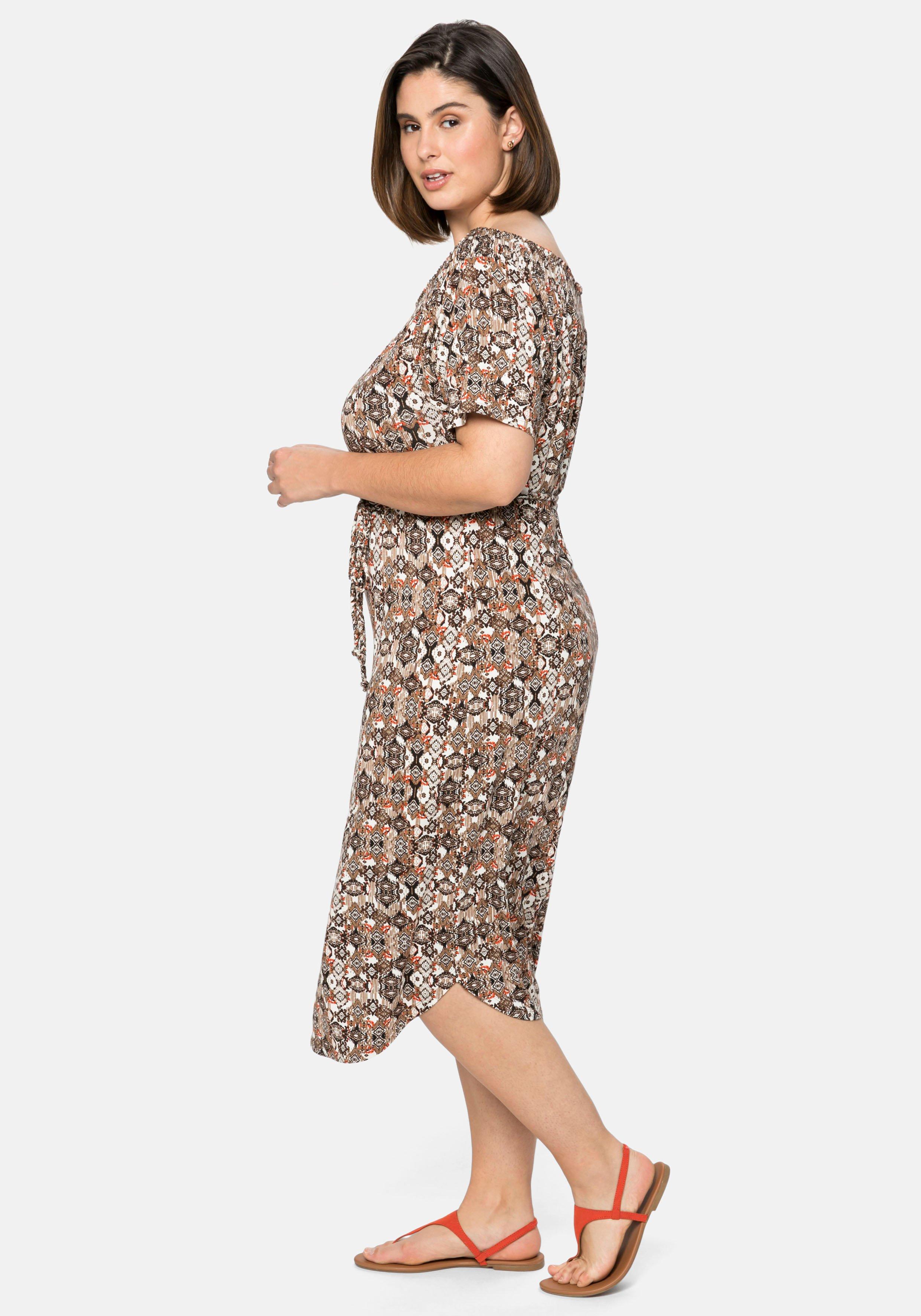 Jerseykleid mit Bindeband und Carmenausschnitt