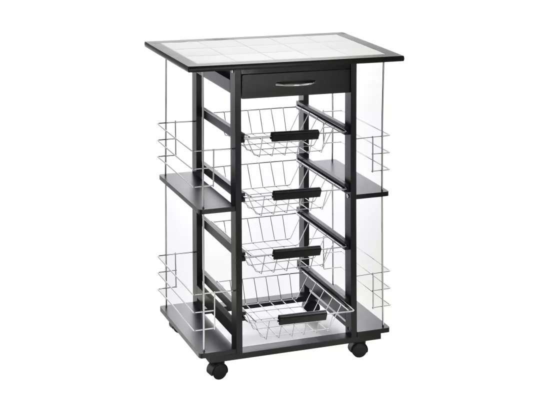 Chariot de service desserte de cuisine à roulettes multi-rangements 4 paniers métal tiroir + 4 range-bouteilles bois pin noir plateau carrelé blanc