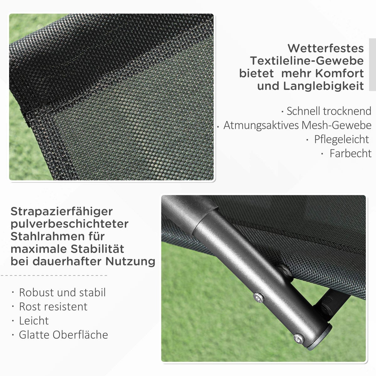 Outsunny schommelstoel, tuinligstoel met hoofdsteun, 155 x 61 x 88 cm, Texteline, Zwart