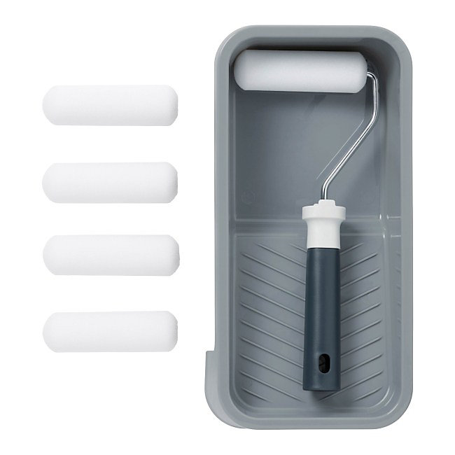 Lot mini rouleau laqueur + 4 manchons 100mm + bac de peinture GoodHome 100mm