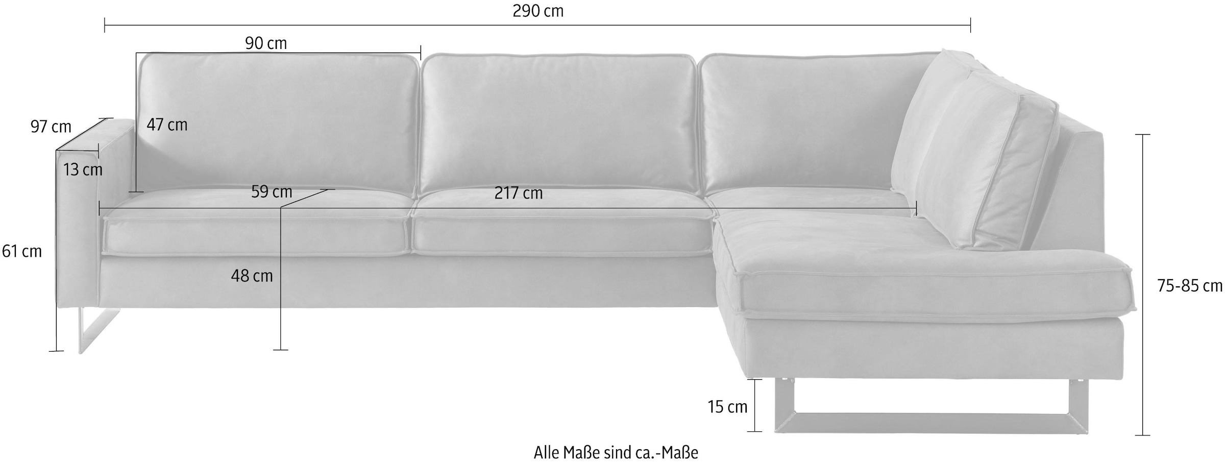 Home affaire Ecksofa »Pinto, 290 cm, Cord, Chenille, Lederoptik, Ottomane links / rechts« mit Keder, schwarze Metallfüsse, Wellenunterfederung