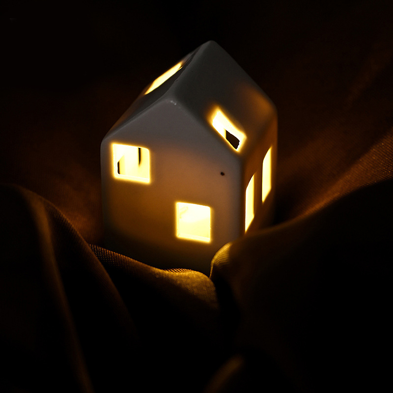 (50x70mm) Keramik LED Licht Haus Mini Deko Bastel Zubehör für Kreative DIY Projekte (inkl. LR44 Batterien) - Weiss