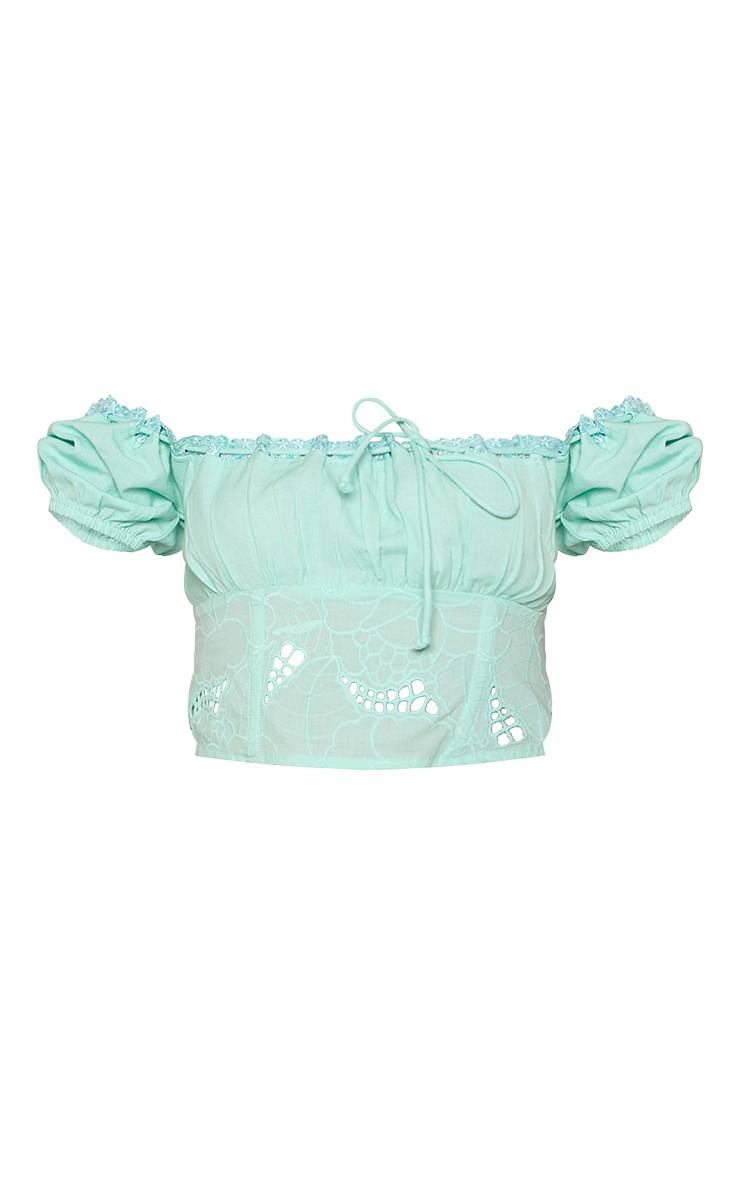Icy Blue Haut Court Coordonné Bleu Aqua À Épaules Dénudées Avec Nœud Brodé