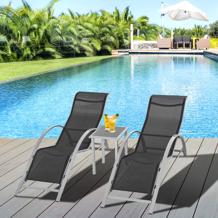 Outsunny 2er Set Gartenliegen mit Tisch silber, schwarz