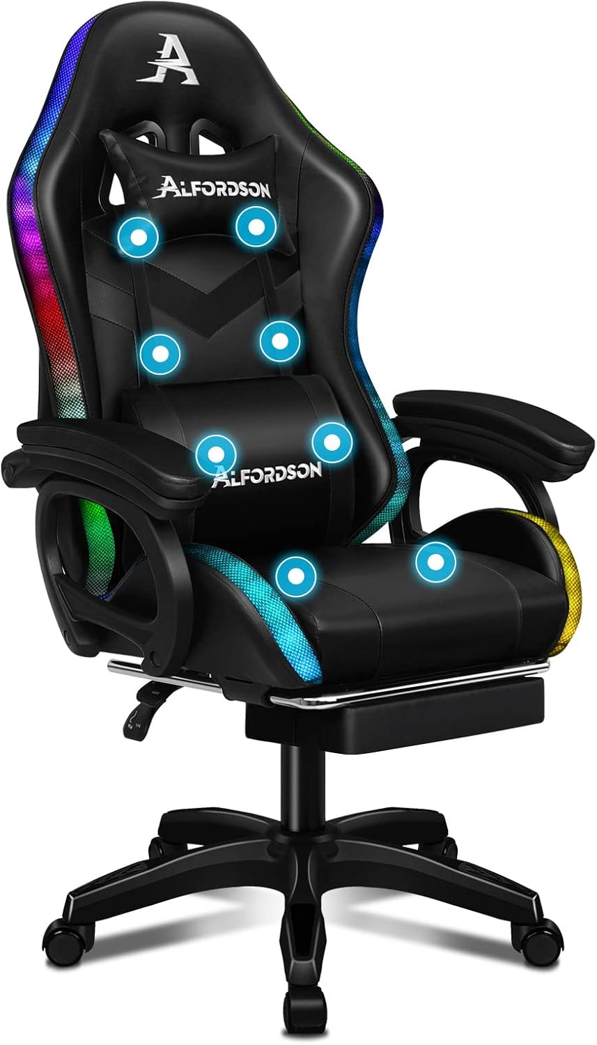 ALFORDSON Gaming Stuhl mit 8-Punkt Massage 12 Farben RGB LED-Licht, Bürostuhl Ergonomisch mit fußstützen, Kopfstütze Lendenkissen für Kinder Erwachsene, Schwarz