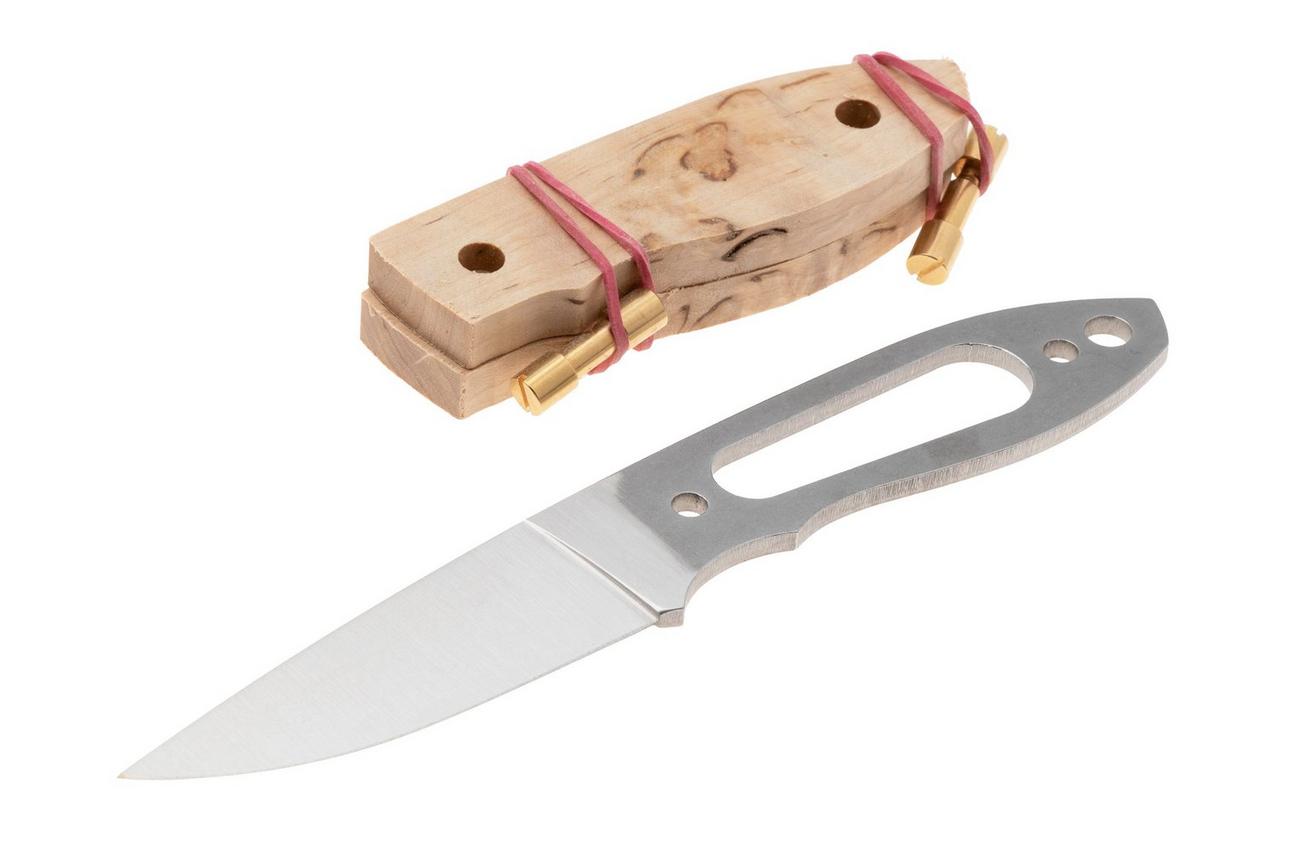 Nordic Knife Design Lizard 90 CB 5050, Satin Sandvik 12C27, Curly Birch, Brass Hardware, vaststaand mes, bouwpakket