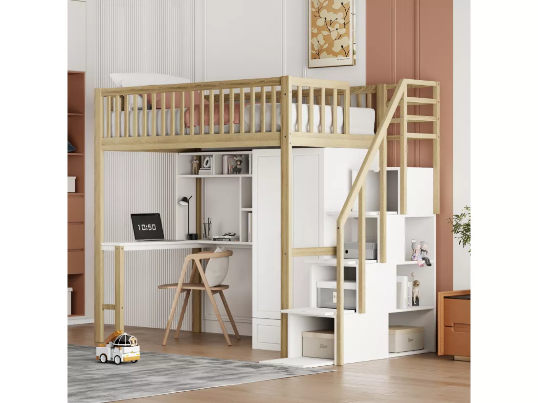 Lit mezzanine 90 x 200 cm avec grande armoire, bureau, bibliothèque, escalier et tiroirs, tout-en-un, Bois MDF, Blanc + chêne