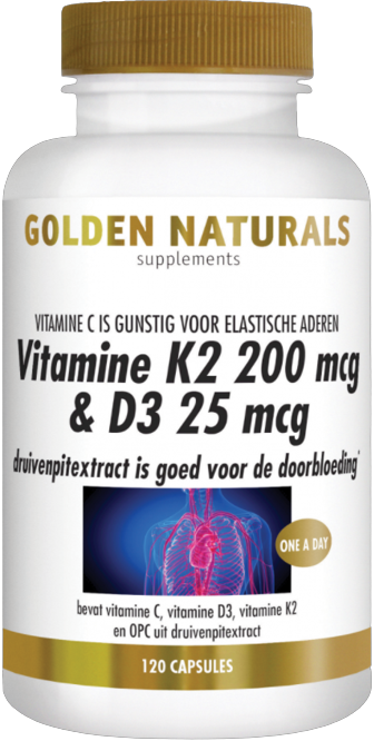 Golden Naturals Vitamine K2 200 mcg & D3 25 mcg 120 vegetarische capsules