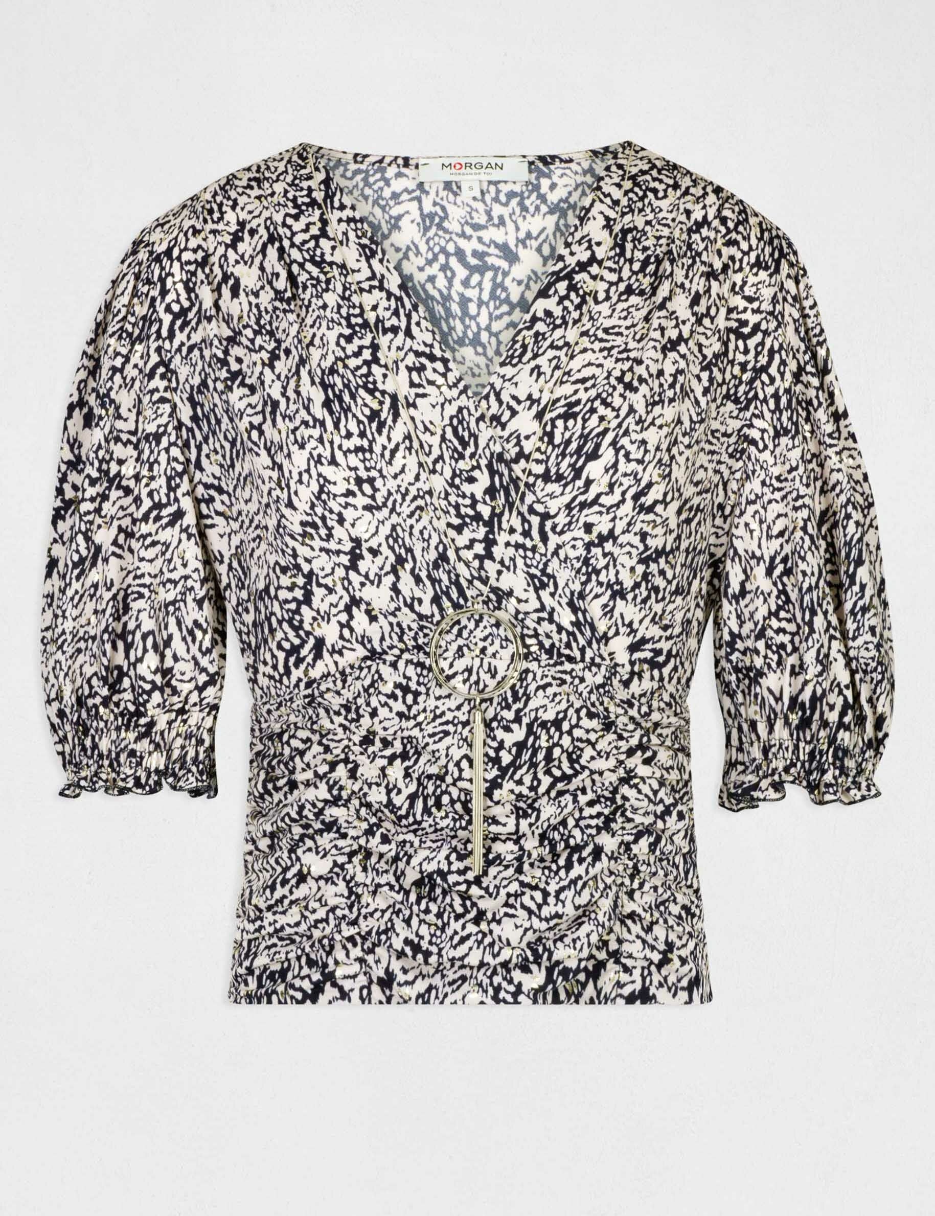 T-shirt manches 3/4 col bijou imprimé multico femme - multico
