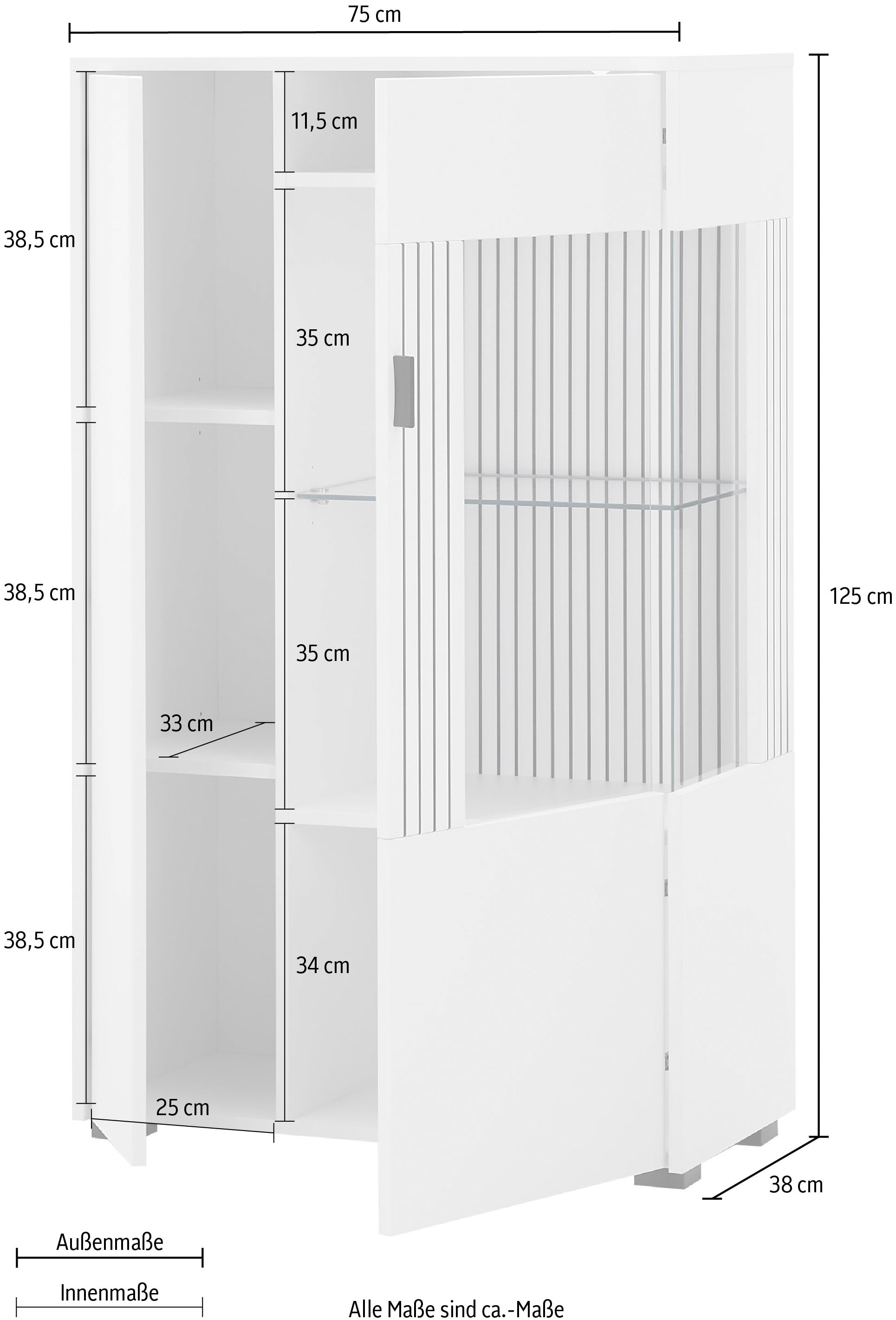 INOSIGN Vitrine »Hudson, Stauraumvitrine, Standvitrine« in moderner Trendfarbe, Griffe aus Metall (Schwarz), Höhe 125 cm