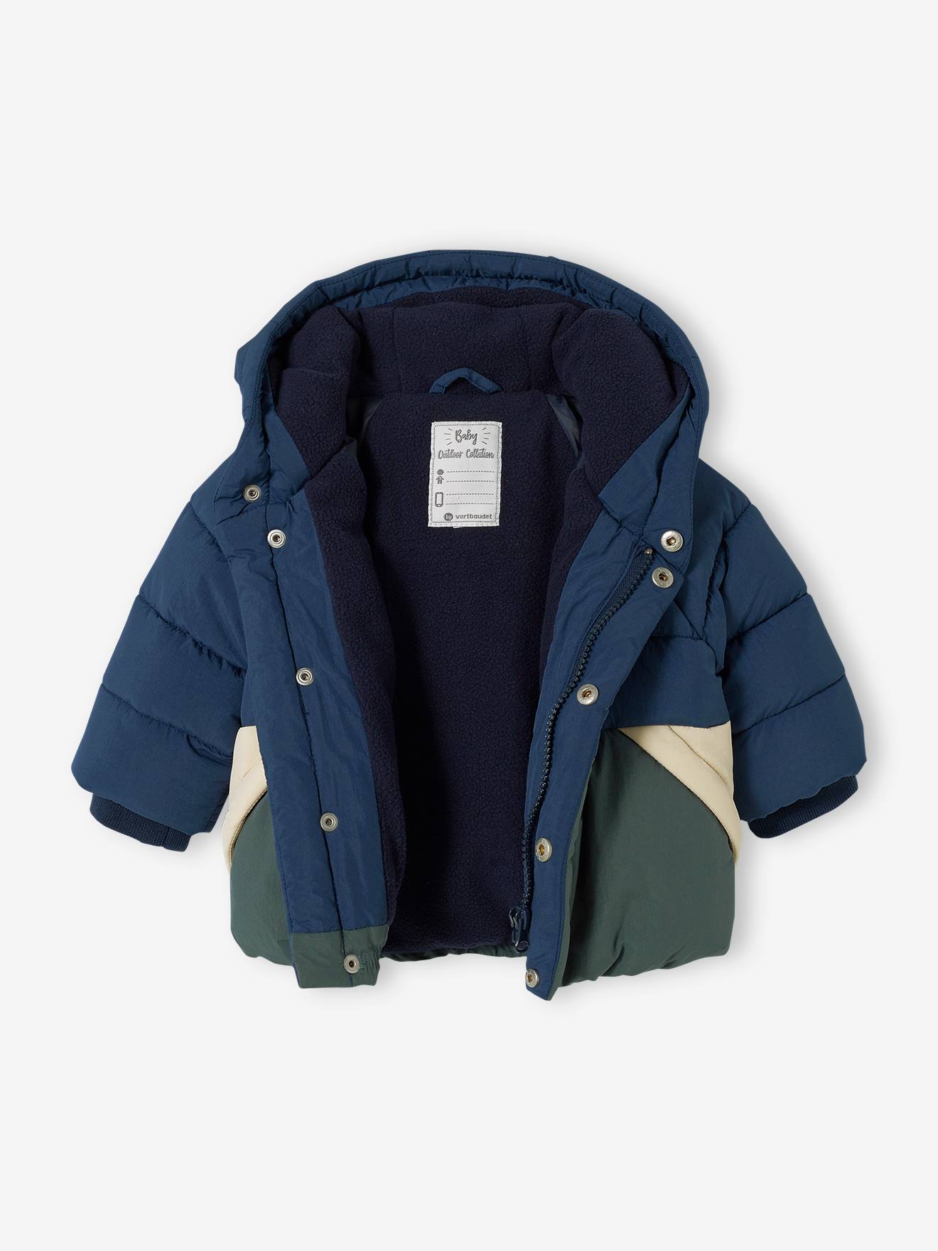 Jaqueta acolchoada colorblock com capuz para bebê, azul médio liso com estampas.