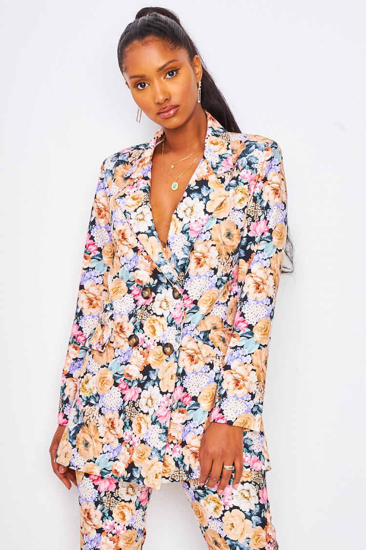 Ensemble beige foncé fleuri blazer + pantalon