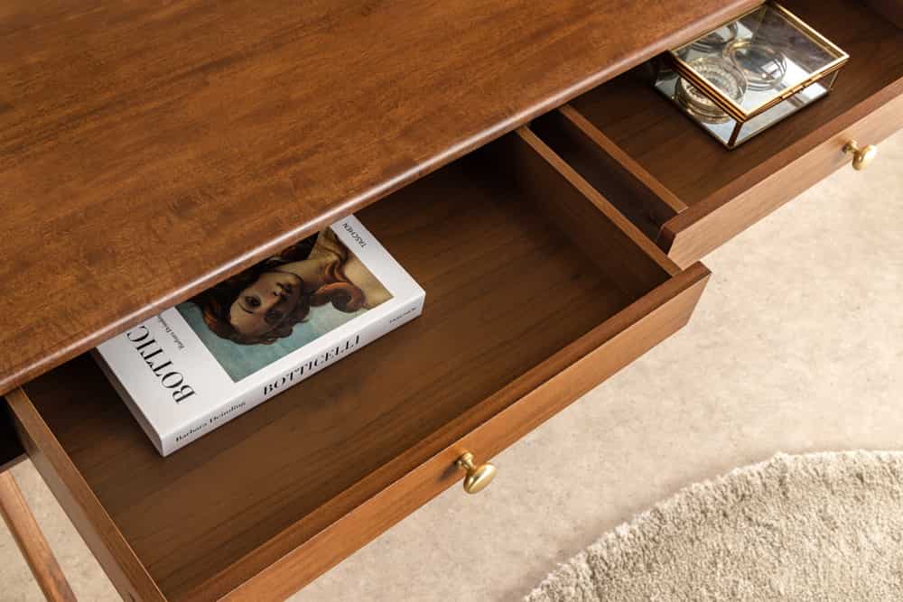 Stilvoller Konsolentisch SECRETARIO 110cm braun Akazie gold mit Schubladen
