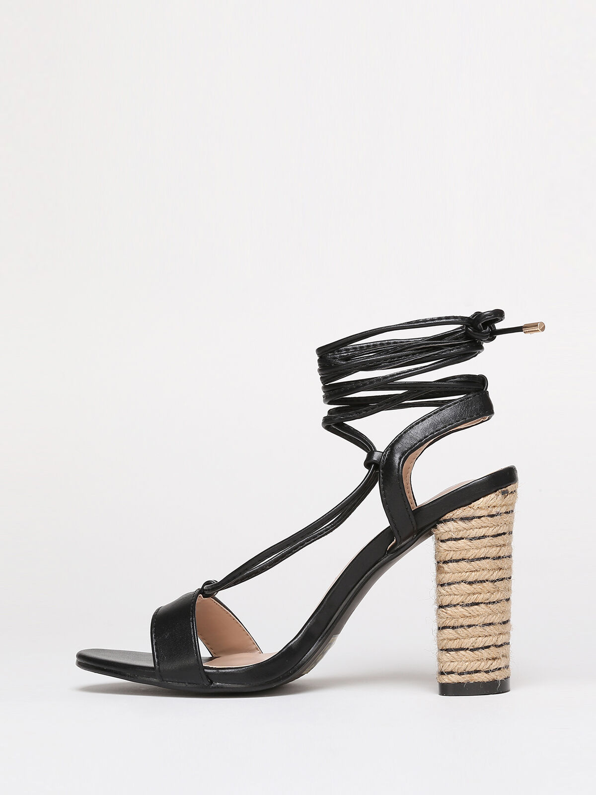 Sandales à talon cordage avec laçage- Noir