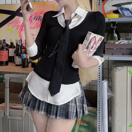Sugarcoat - Lange mouwen kraag nep tweedelig topje / hoge taille mini geruite geplooide rok