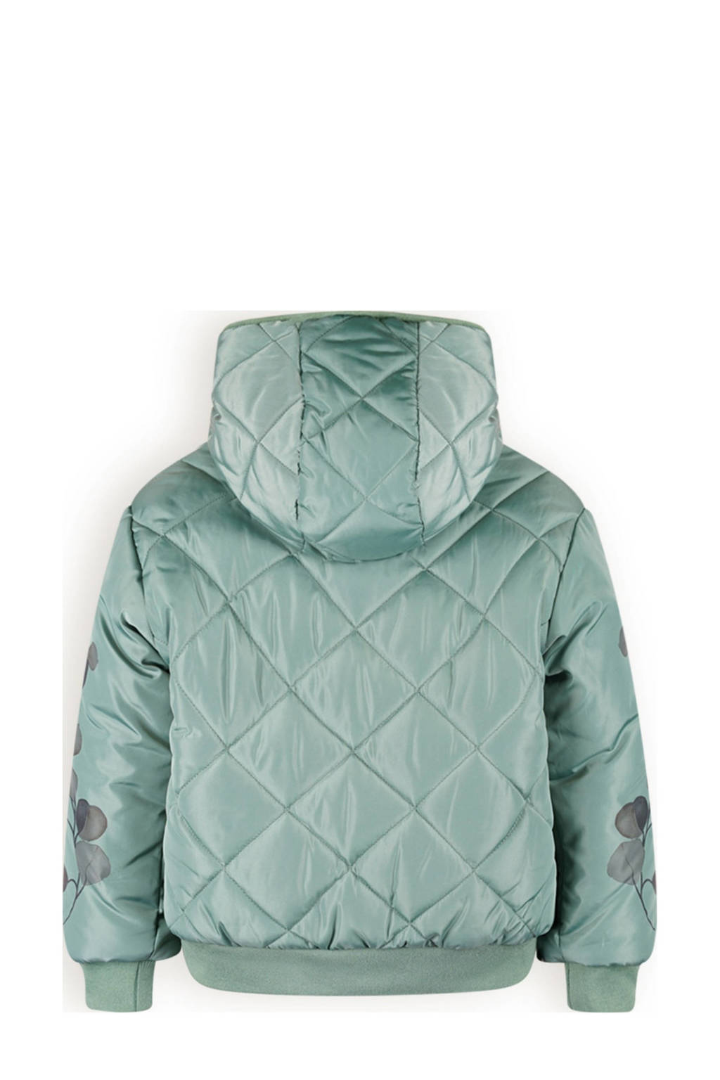 NONO reversible gewatteerde winterjas Bomby met bladprint lichtgroen/beige