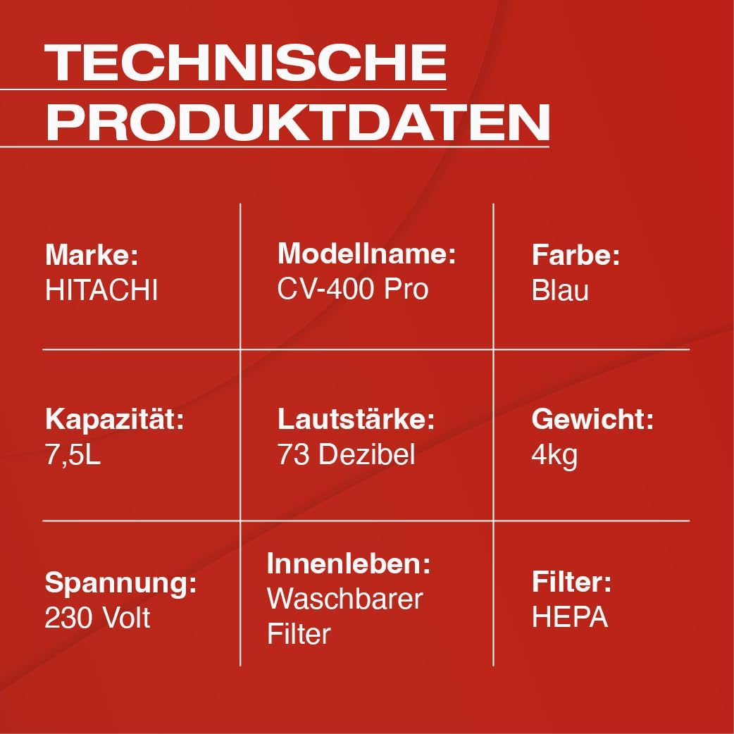 HITACHI Staubsauger CV-400 PRO mit HEPA Filter 7,5L, Beutellos - Profi Bodenstaubsauger 880W, leise 74 dB, 13m Radius, Teppichdüse & Zubehör, Gewerbesauger für Haushalt & Industrie (hellblau)