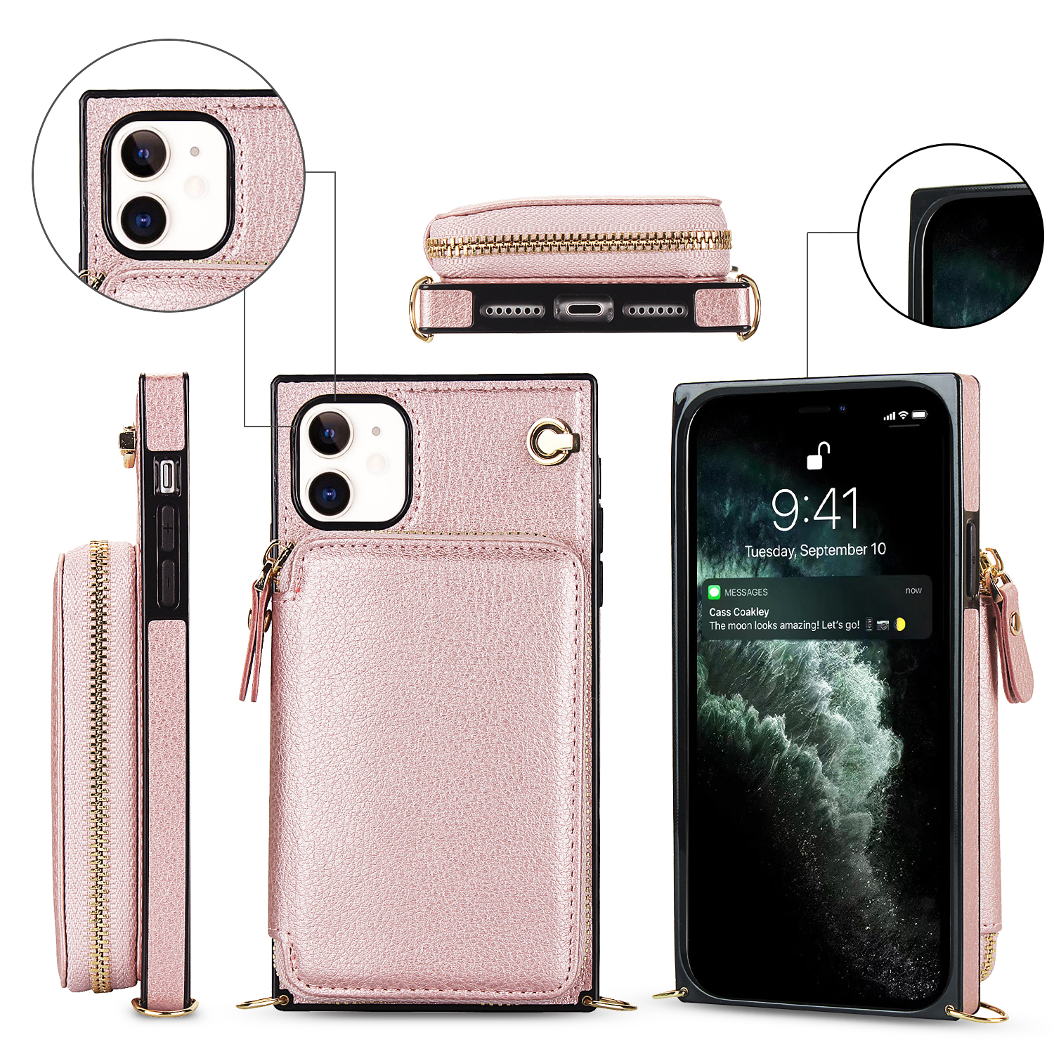 iPhone 11 Necklace Leder Schutz Hülle mit Kartenfächer   Handykette (140cm) - Roségold