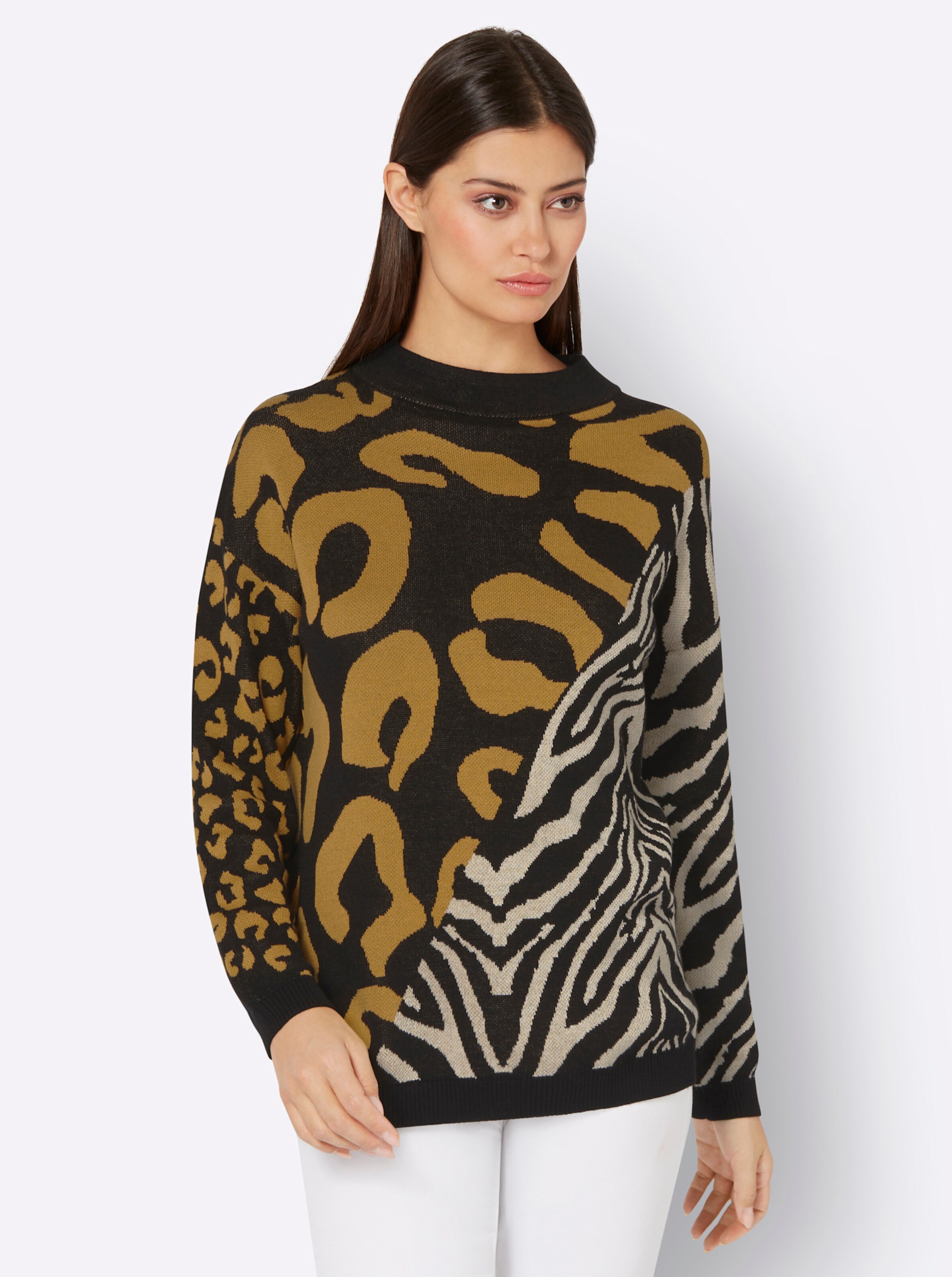 Jacquard-Pullover in schwarz-ocker-gemustert